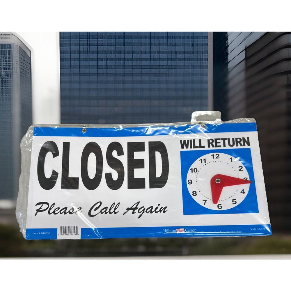 2 sided OPEN & CLOSED Hanging Door Window SIGN w Adjustable CLOCK HILLMAN 848653